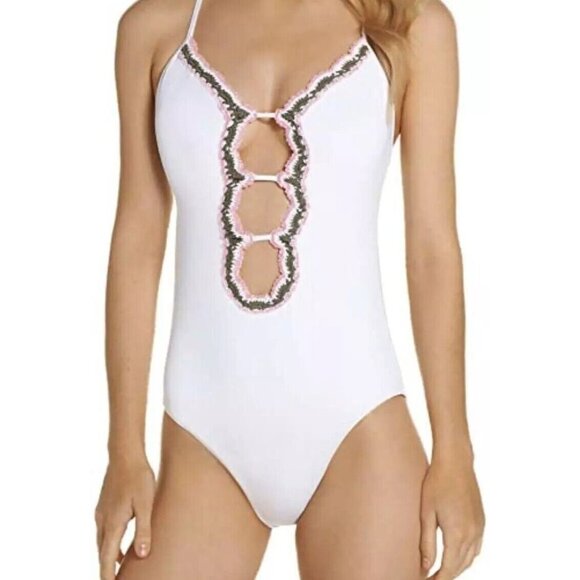 Becca Womens White Virtue‎ One Piece Embroidered Floral Bathing suit Size M Boho - Picture 1 of 15